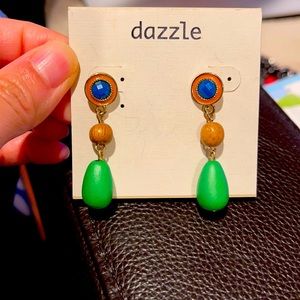 Brand new Dazzle Blue green wood dangling earrings
